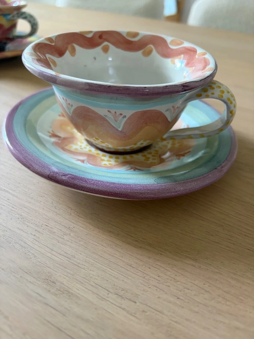 Mackenzie Childs Vintage Coffee Cup, Saucer, Creamer and Sugar Jar Set